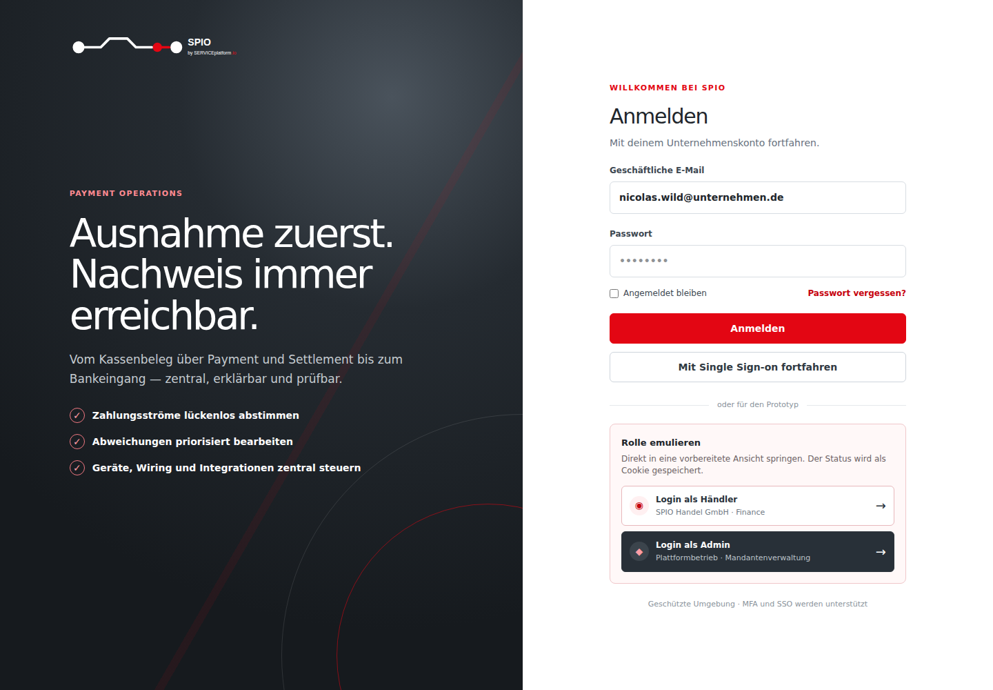 Prototyp-Ansicht: Anmeldung mit Rollenauswahl